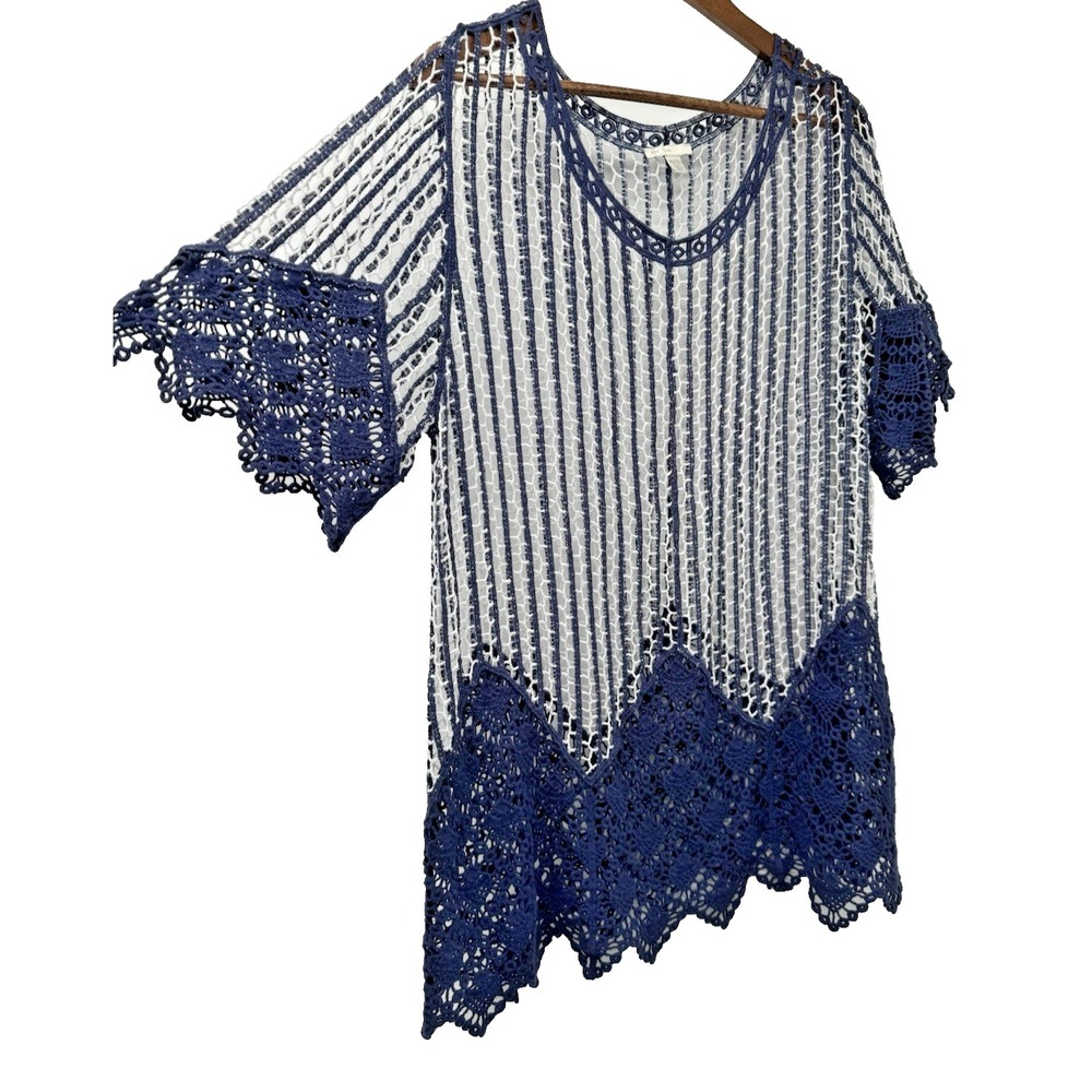 Cato Blue white open knit Boho Crochet Lace beachy festival nautical cover up 18